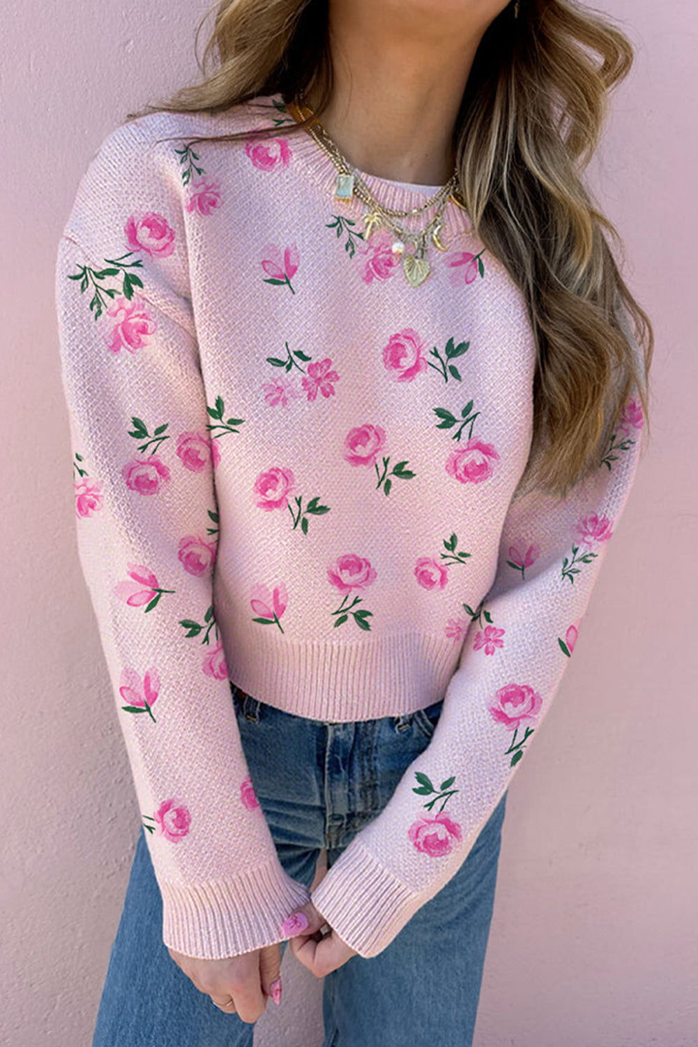 Delicacy Sweet Floral Print Drop Shoulder Cropped Sweater Dear-Lover Dropshipping
